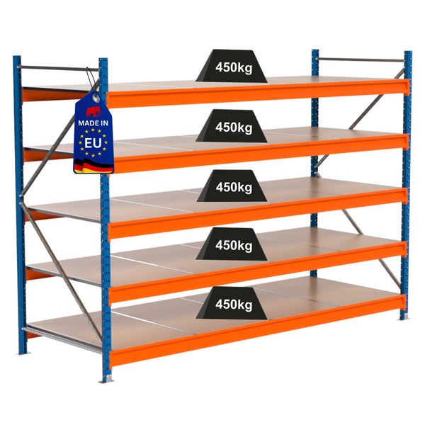 Lagerregal mit fünf Ebenen und einer Traglast von 450 Kilogramm pro Ebene
