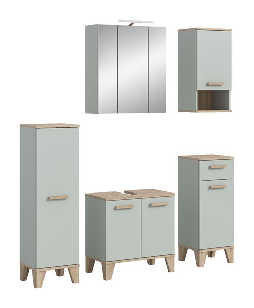 Badezimmermöbel Set bestehend aus Spiegelschrank, Hochschrank, Waschbeckenunterschrank, Hängeschrank und einem kleinen Beistellschrank.