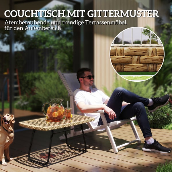 Outsunny Polyrattan Gartentisch, 90 x 50 x 45 cm, UV-beständig Beistelltisch mit Glasplatte, rechteckiger Terrassentisch, Balkontisch für Garten, Terrasse, Balkon Naturholz