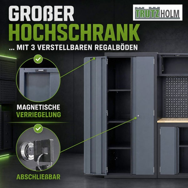 Trutzholm Logo. Großer Hochschrank aus Metall mit drei verstellbaren Regalböden, magnetischer Verriegelung und Schloss.