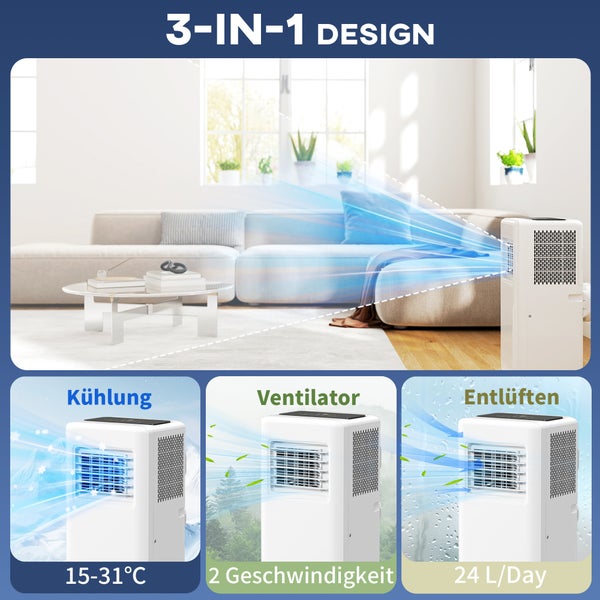 HOMCOM Mobile Klimaanlage 3-in-1 Klimagerät mit Kühlung, Luftentfeuchter, Ventilator, Abluftschlauch, 9000BTU Automatisch Luftkühler mit Fernbedienung, Timer, Kindersicherung, Weiß