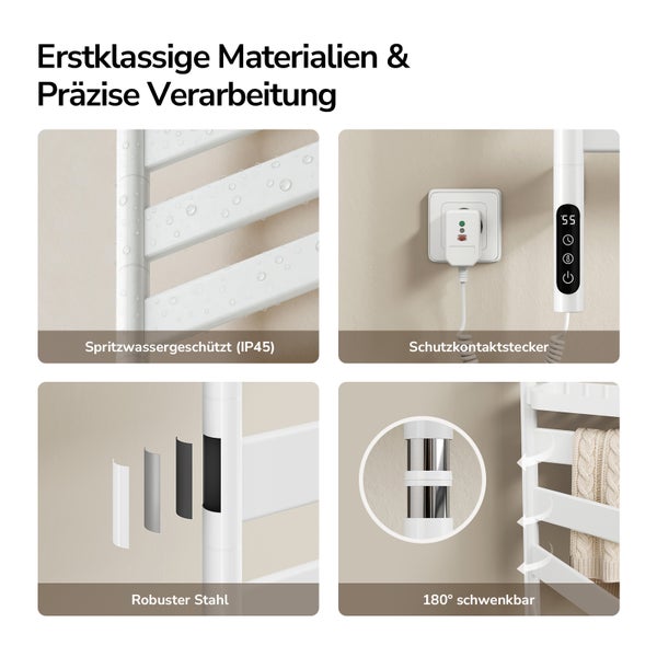 Elektrischer Handtuchheizkörper: Spritzwasserschutz IP45, Schutzkontaktstecker, Display, robuster Stahl und 180 Grad schwenkbar.
