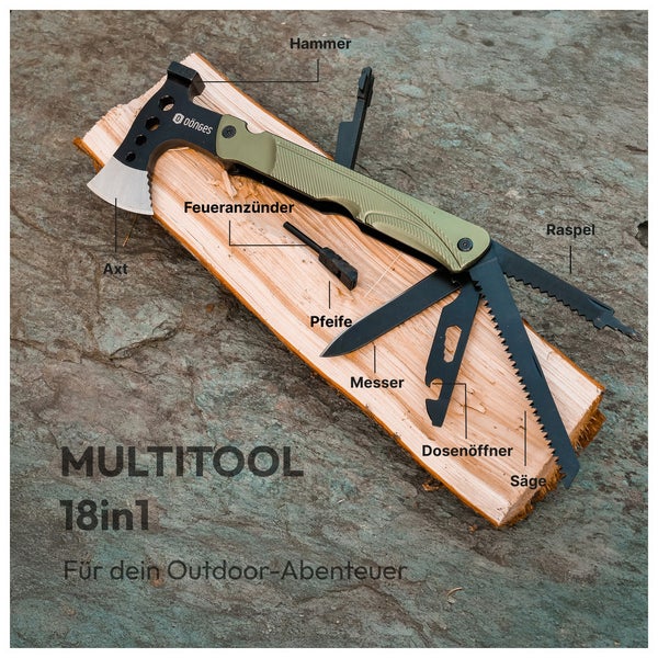 Dönges Multitool 18 in 1 mit Axt, Hammer, Säge, Messer, Feueranzünder und Pfeife auf einem Holzstück für den Outdoor-Einsatz.