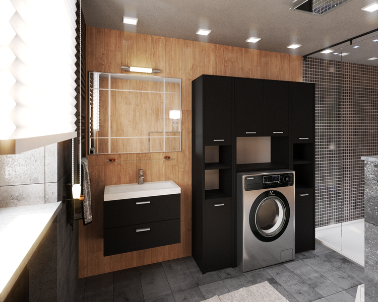 Helles Badezimmer mit Waschtisch, Spiegelschrank, Hochschrank und Waschmaschine.