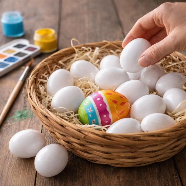 Hand greift in Weidenkorb mit weißen Kunststoffeiern und einem bunt bemalten Ei, neben Malzubehör auf Holztisch in einer hellen Bastelszene.