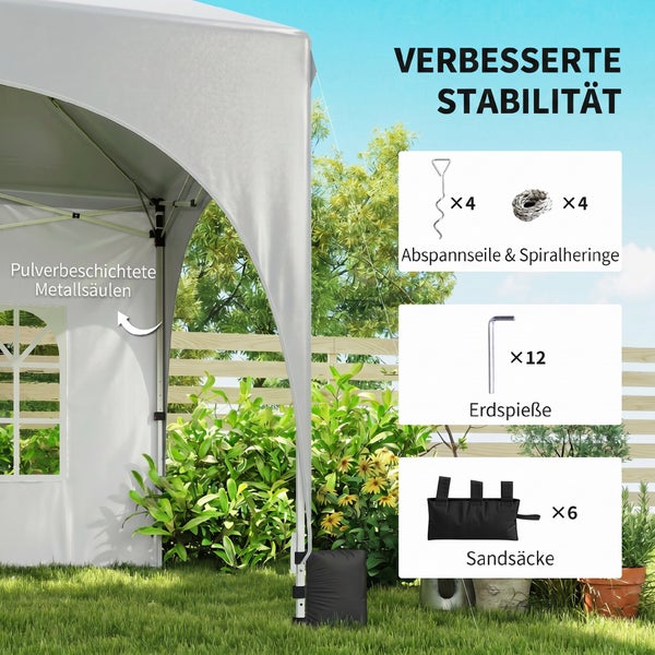 Pavillon mit pulverbeschichteten Metallsäulen und Zubehör für verbesserte Stabilität wie Sandsäcke, Erdspieße, Abspannseile und Spiralheringe.