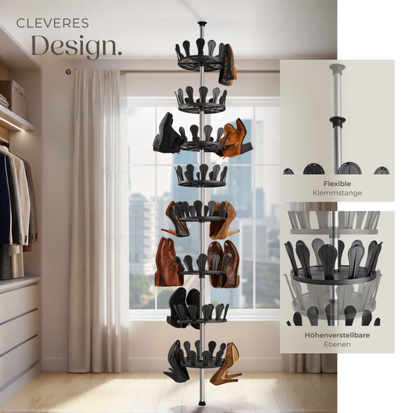 Schuhkarussell mit flexibler Klemmstange und höhenverstellbaren Ebenen zur Schuhaufbewahrung
