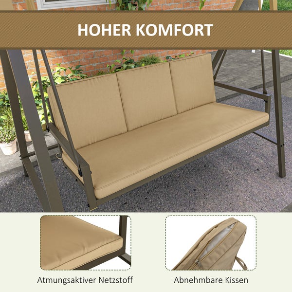 Outsunny Hollywoodschaukel, 3-Sitzer Gartenschaukel mit Verstellbarem Dach, bis 360 kg Belastbar, 200 x 125 x 175 cm, Polyester, Netzstoff, Beige