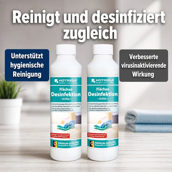Zwei Flaschen Hotrega Flächenko Desinfektion Ultra für die hygienische Reinigung von Oberflächen im privaten und gewerblichen Bereich.