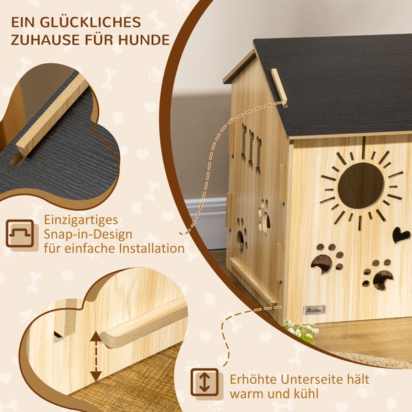 PawHut Hundehütte aus Holz Kleintierhaus mit Lüftungsöffnungen Hundehaus mit Dach Hundehöhle Indoor MDF Eiche+Schwarz 69 x 50 x 58,5 cm