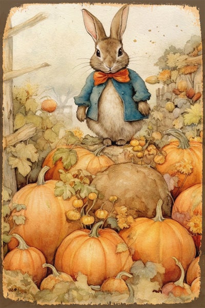 Blechschild, Alu-Dibond, Retro Wandbild Weihnachten Herbst Hase auf Kürbis STA2484 in 20x30cm inkl. Lochbohrung