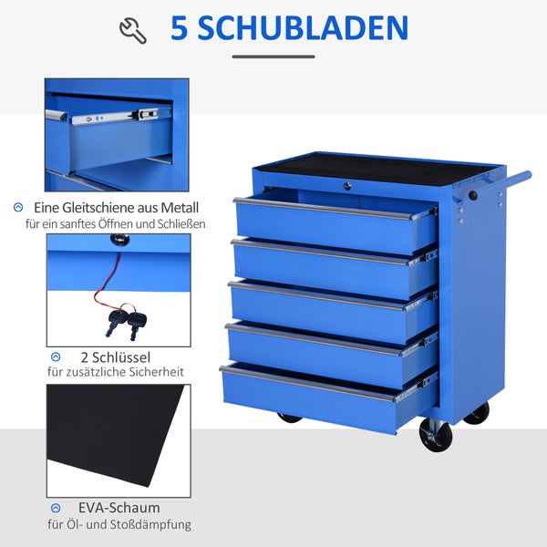 HOMCOM, Fahrbarer Werkzeugwagen, Werkstattwagen, 67,5L x 33B x 77H cm, Stahl, Blau