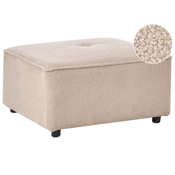 Beiger Polsterhocker mit Bouclé-Bezug, rechteckig, mit Knopfheftung und schwarzen Beinen.