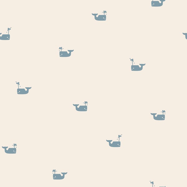 Tapete mit Muster aus kleinen Walen mit Wasserfontänen, minimalistisches Design für Kinderzimmer.