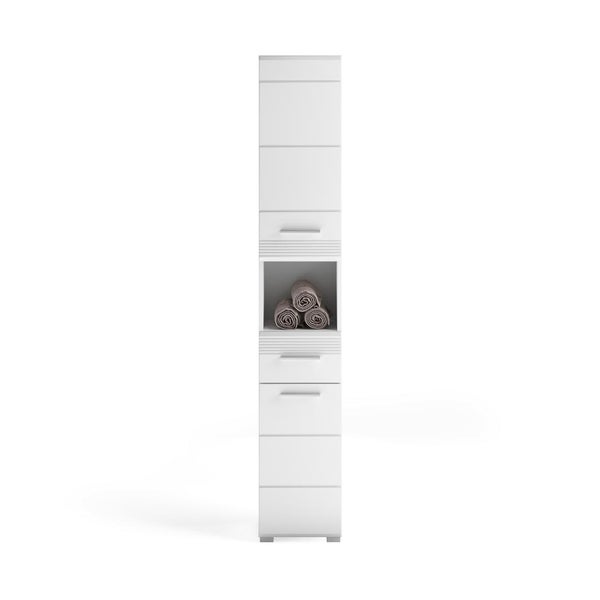 Weißer schmaler Hochschrank für das Badezimmer mit mehreren Fächern und einer offenen Ablage für Handtücher.