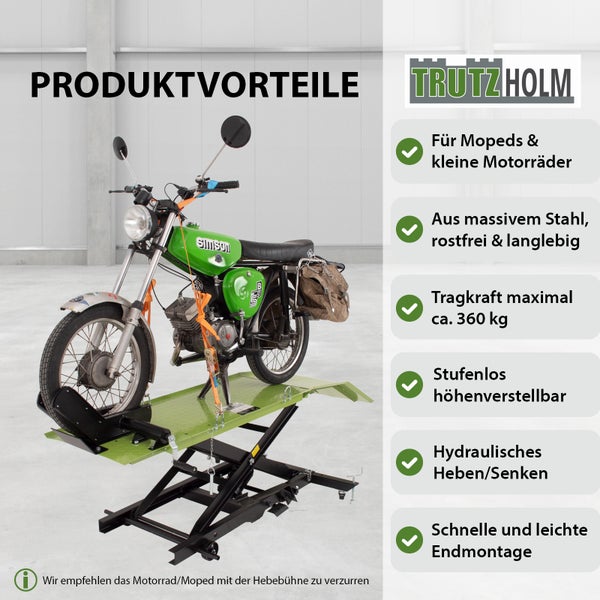 Motorrad auf Hebebühne für Reparatur und Wartung mit TrutzHolm Logo