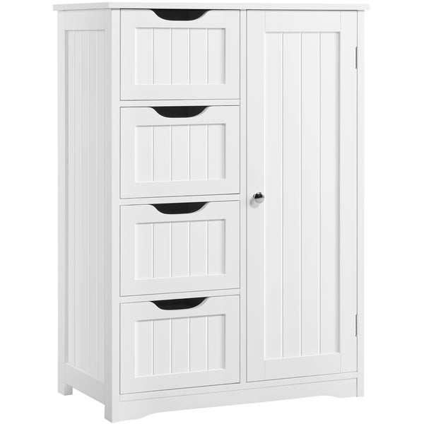 Weißer Badezimmerschrank mit vier Schubladen und einer Tür, Fronten mit vertikalem Rillendesign.