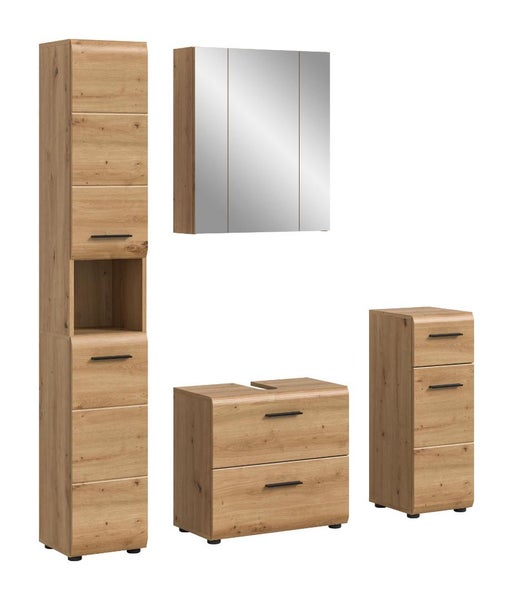 Badezimmermöbel-Set in Eiche-Optik bestehend aus Hochschrank, Spiegelschrank, Waschtischunterschrank und Beistellschrank mit schwarzen Griffen.
