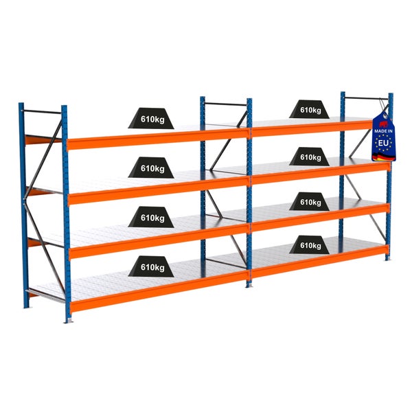 Lagerregal mit Tragkraftangabe von 610 Kilogramm und Made in EU Siegel