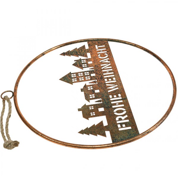 Dekorationsobjekt mit der Aufschrift 'Frohe Weihnacht', Häusern und Tannenbäumen in einem ovalen Rahmen mit Kordel zum Aufhängen