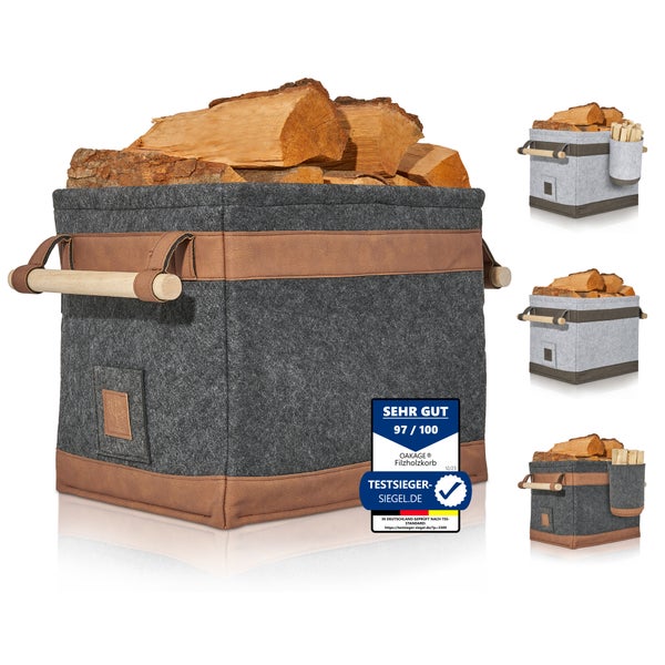 OAKAGE® FireMaster Dunkelgrau Holzkorb Filz - Einhängbarer Zündholzkorb - 42x32x35cm