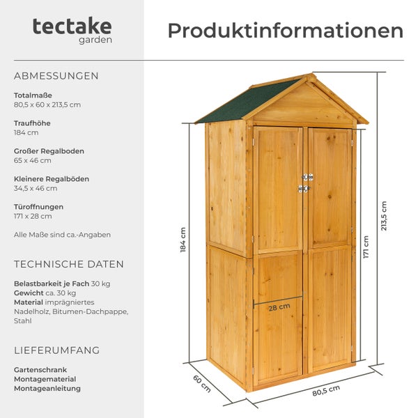 Gartenschrank aus Holz mit zwei Türen und Dach, inklusive Maßangaben