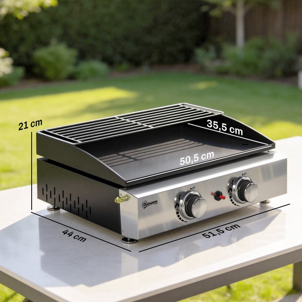 Outsunny Tisch-Gasgrill aus Edelstahl mit Maßen: 51,5 mal 44 mal 21 Zentimeter. Grillfläche 50,5 mal 35,5 Zentimeter.