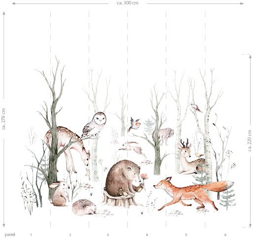 Waldtiere Tapete mit Bäumen, Bären, Füchsen, Hasen, Hirschen, Eulen und Igeln