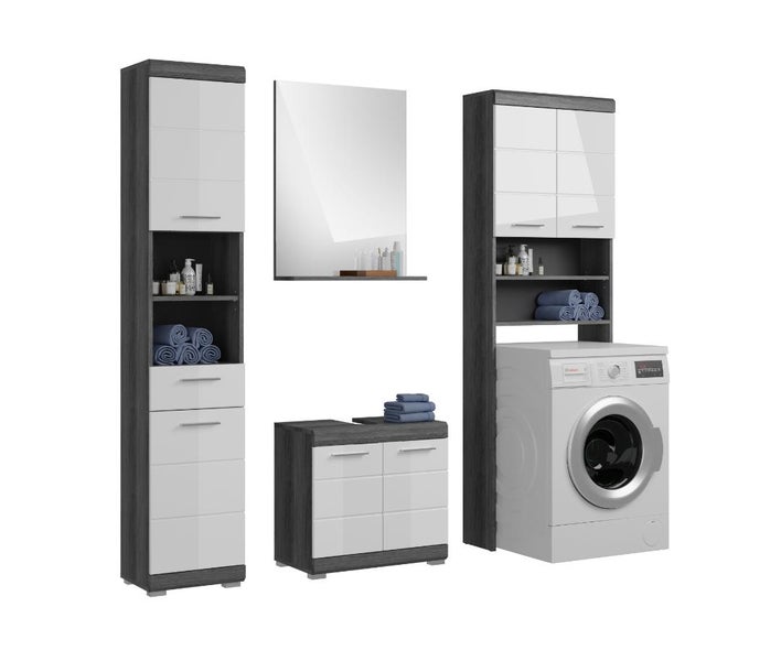 Modernes Möbelset für die Waschküche mit Hochschrank, Spiegel, Unterschrank und Waschmaschinenschrank in Grau und Weiß-Hochglanz.