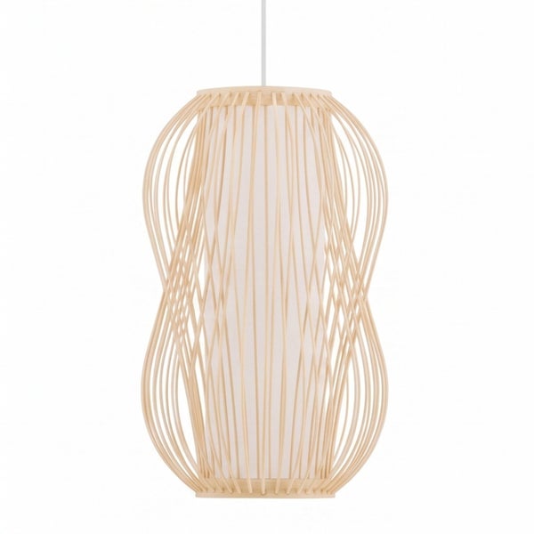 Moderne Pendelleuchte mit organisch geformtem Lampenschirm aus Holzstäben und innenliegendem Textil.