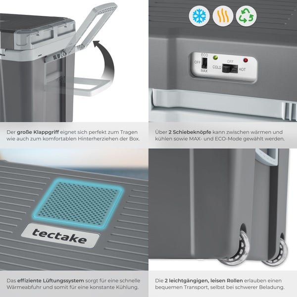 Elektrische Kühlbox mit großem Klappgriff, Schiebeschaltern für Kühlen und Wärmen, Belüftungssystem, tectake Logo und zwei Rollen.