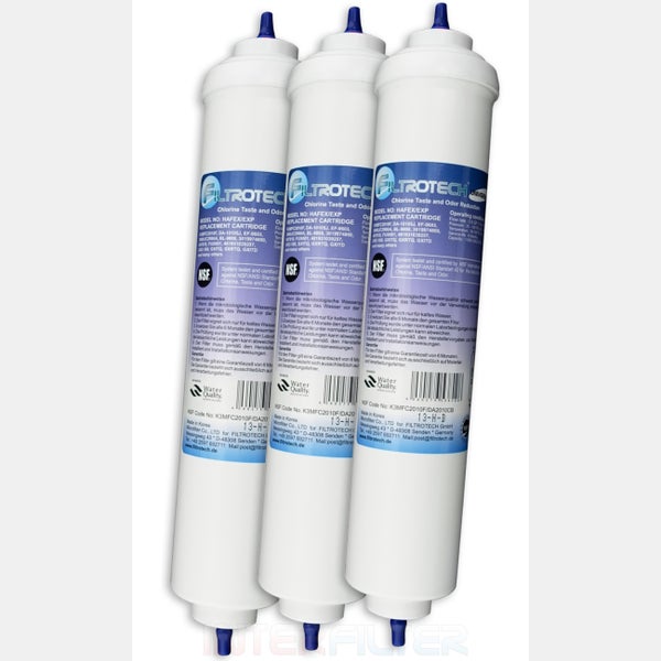 Set von drei Filrotech Ersatzwasserfilterkartuschen zur Reduzierung von Chlor, Geschmack und Geruch.