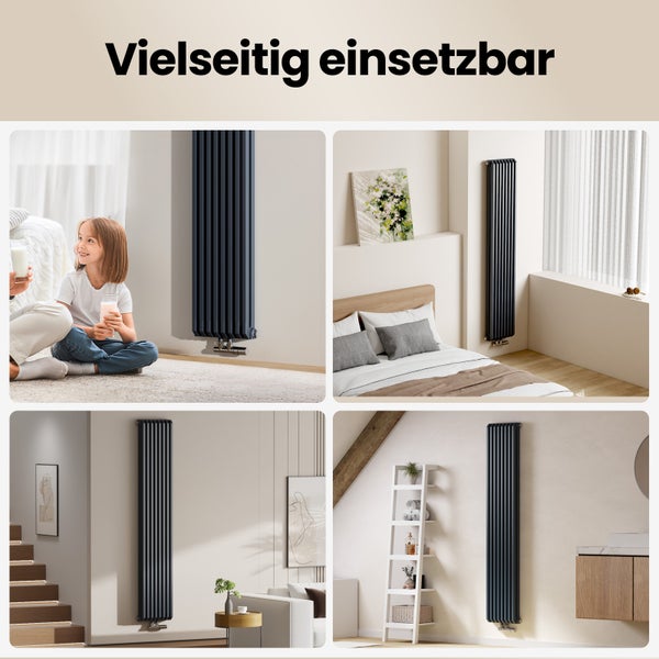 EMKE Badheizkörper 348 x 1800 mm 1611 W, Designheizkörper, Warmwasserbetrieb, Anschluss unten, Vertikaler Flachheizkörper, Handtuchheizkörper, D-Rohr-Design, Zentralheizung, für Bad & WC, Anthrazit