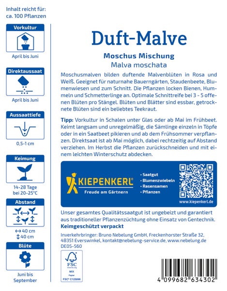 Saatgut Tüte Duft-Malve Moschus Mischung von Kiepenkerl für circa 100 Pflanzen mit Anbauanleitung und Informationen zur Aussaatzeit und Keimung.