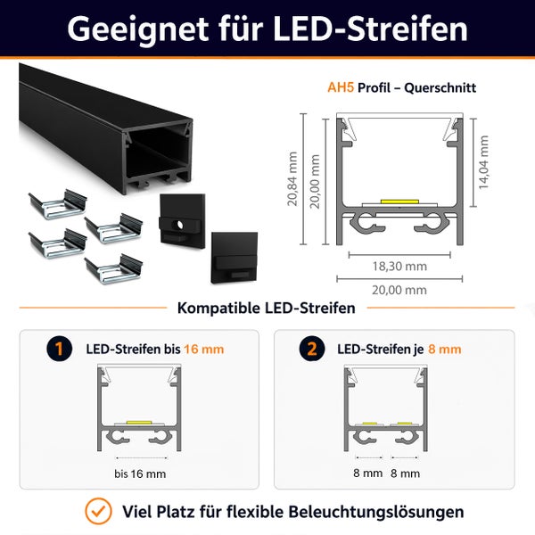 LED Profil AH5 mit Zubehör und Maßzeichnung für die Montage von LED Streifen bis 16 Millimeter oder zwei LED Streifen bis 8 Millimeter Breite.