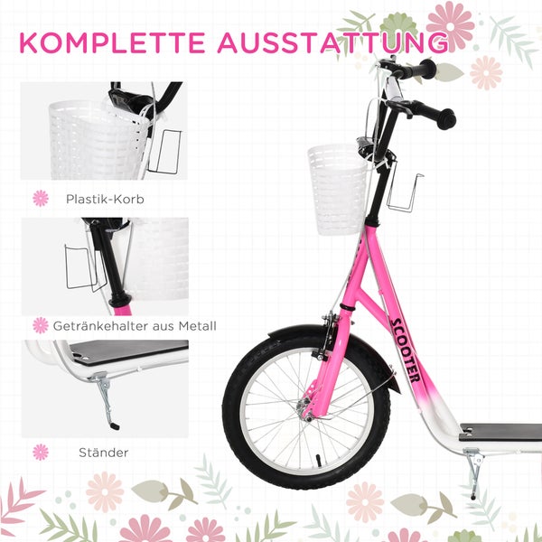 HOMCOM Kinderroller, 139L x 58B x 96H cm, Metall, Kunststoff, Aluminiumlegierung, Gummi, Rosa