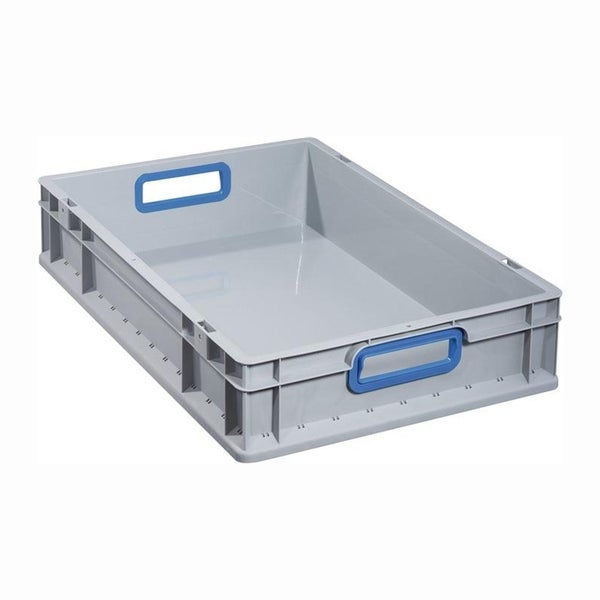 Graue Transportbox aus Kunststoff mit blauen Griffen