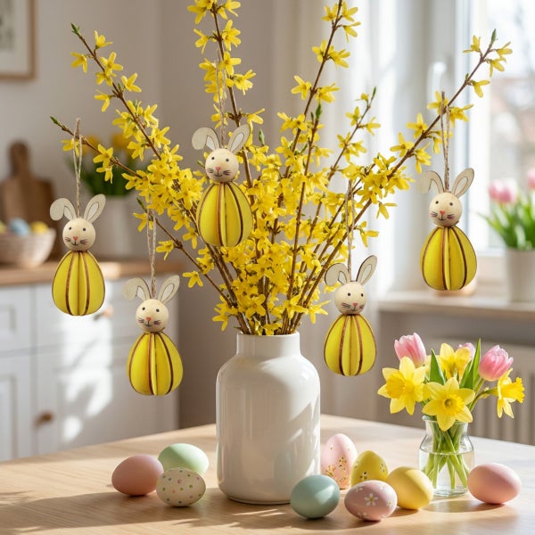Osterdekoration bestehend aus Osterhasen Anhängern aus Holz in Forsythien Zweigen in einer weißen Vase auf einem Holztisch mit Ostereiern.