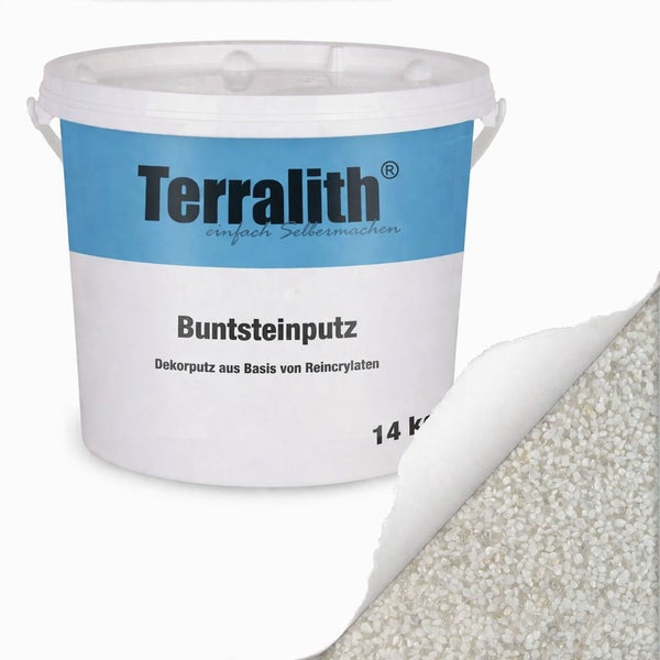 Terralith Buntsteinputz Dekorputz auf Basis von Reincrylaten 14 Kilogramm Eimer mit Strukturbeispiel.