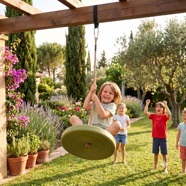 Ein Kind sitzt auf einer grünen Tellerschaukel an einem Holzbalken in einem hellen Garten. Weitere Kinder stehen im Hintergrund.