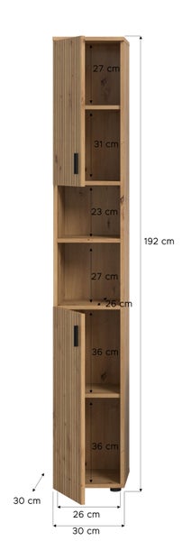 Bad-Hochschrank in Holzoptik mit Maßangaben: Höhe 192 Zentimeter, Breite 30 Zentimeter, Tiefe 30 Zentimeter.