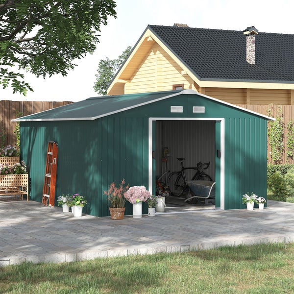 Outsunny Gerätehaus 12,4 m², Gartenhaus mit Pultdach, Schiebetür, Fundament, 386 x 340 x 200 cm, Geräteschuppen aus Verzinkter Stahl, wetterfest, für Garten, Dunkelgrün