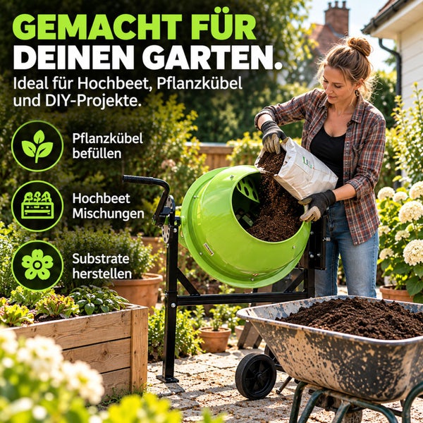 Eine Frau befüllt einen Betonmischer im Garten mit Erde für Hochbeete und Pflanzkübel.