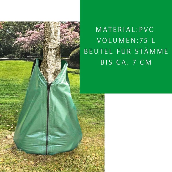 Grüner Bewässerungssack für Bäume aus PVC, Volumen 75 Liter, geeignet für Stämme bis circa 7 Zentimeter.