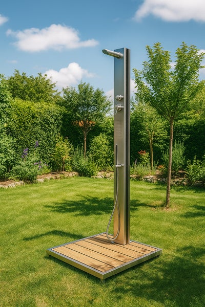 Moderne freistehende Gartendusche aus Edelstahl mit Holzpodest, Überkopfbrause und Handbrause auf einer Rasenfläche.