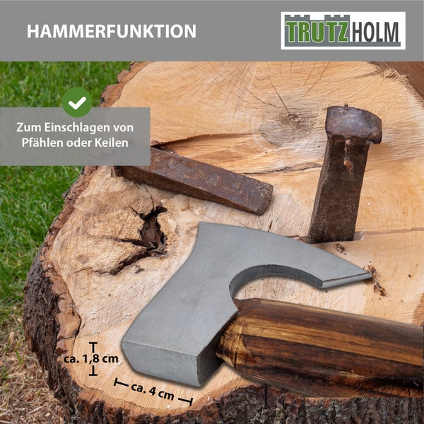 Trutzholm Spaltaxt mit Hammerfunktion zum Einschlagen von Keilen auf einem Baumstumpf mit Maßangaben zur Schlagfläche