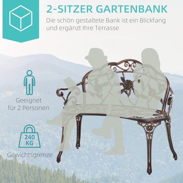 Zweisitzer Gartenbank mit Rosenornamenten, geeignet für zwei Personen, maximale Belastbarkeit 240 Kilogramm.