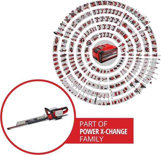 Einhell Akku Heckenschere als Teil der Power X Change Familie mit Akku und zahlreichen weiteren kompatiblen Akku Werkzeugen in einer Übersicht.