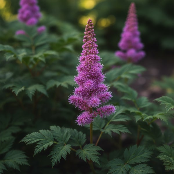 Blühende Prachtspiere Astilbe mit pyramidenförmigen Blütenrispen und farnartigen grünen Blättern im Garten.