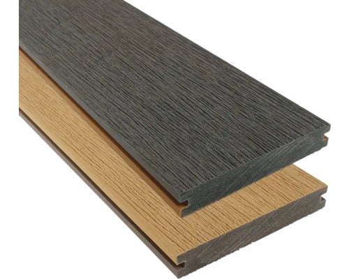 WPC Terrassendiele mit Holzmaserung und seitlicher Nut in Anthrazit und Braun
